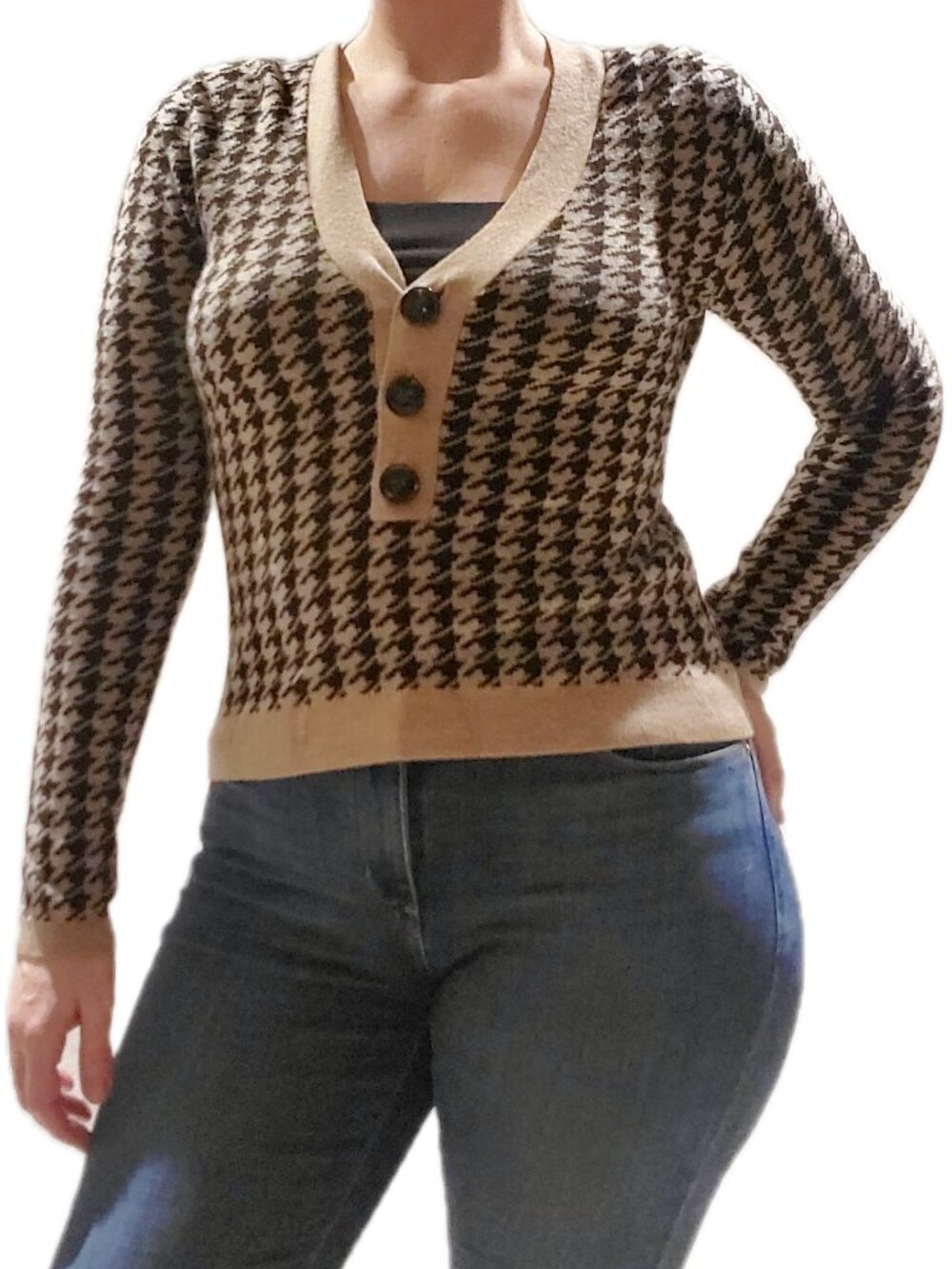 Beige Black Argyle Button Front Fitted Sweater